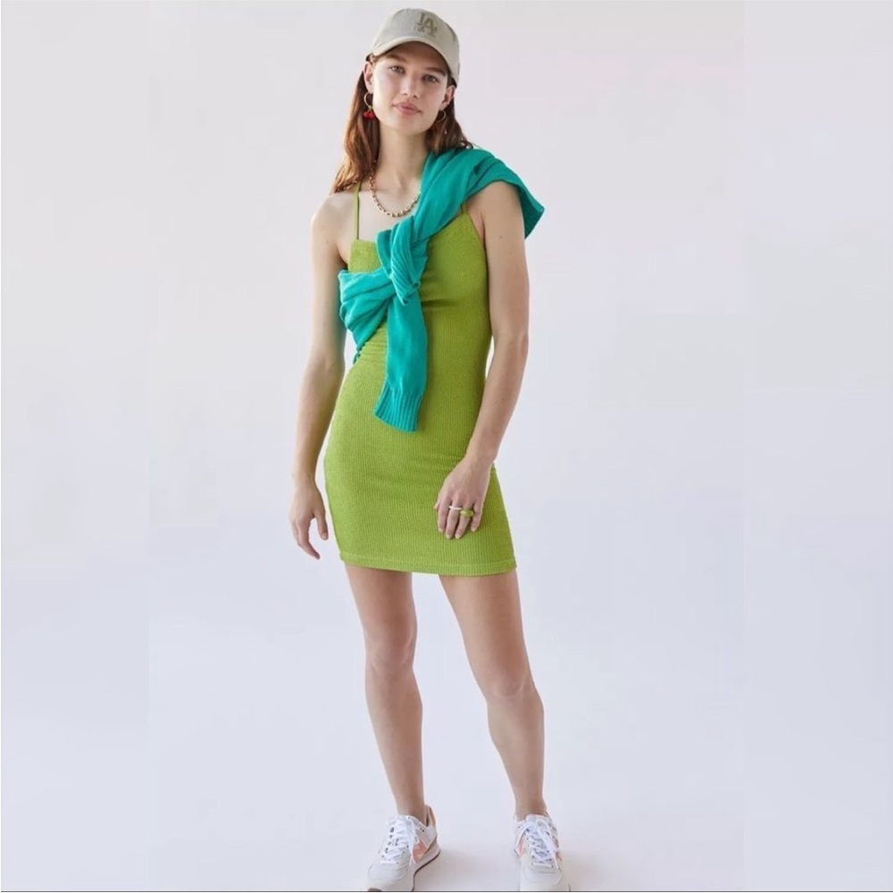 Urban Outfitters | Tyra Strappy Back Mini Dress Green Textured Rib Knit Small - Picture 5 of 16